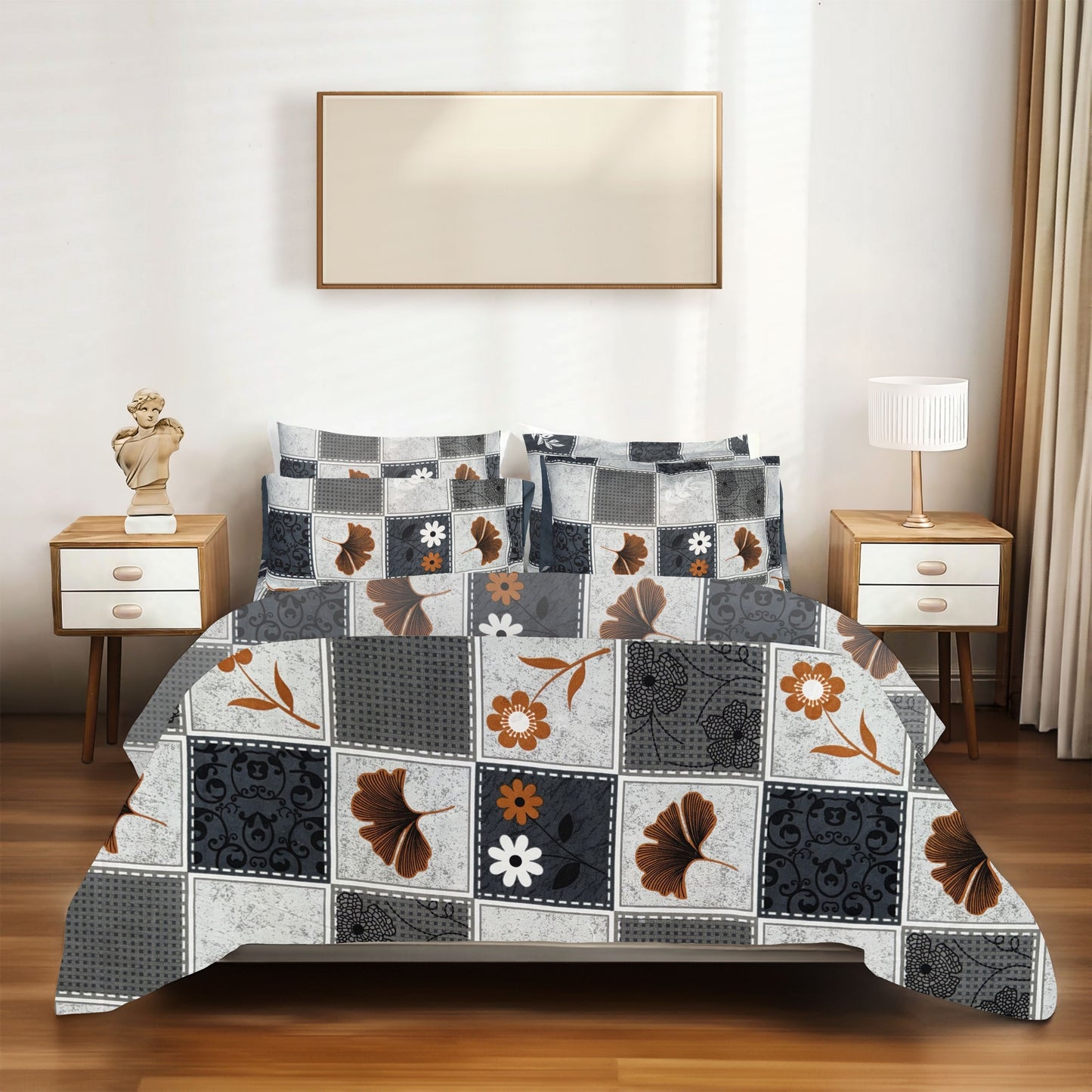 SineCRAFT Creations Double Bed Bedsheets 90X100 Inches 240 TC Glace Cotton King Size with 2 Pillow Covers(Leaf & Floral Pattern)