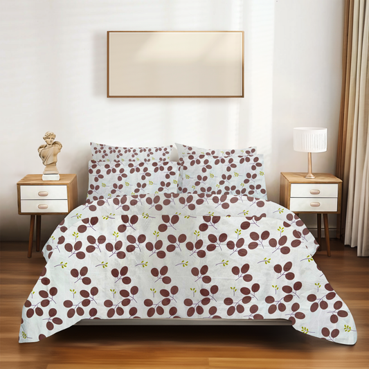 SineCRAFT Creations 90X100 Inches 240 TC Glace Cotton King Size Double Bed Bedsheets with 2 Pillow Covers - White & Red Leaves