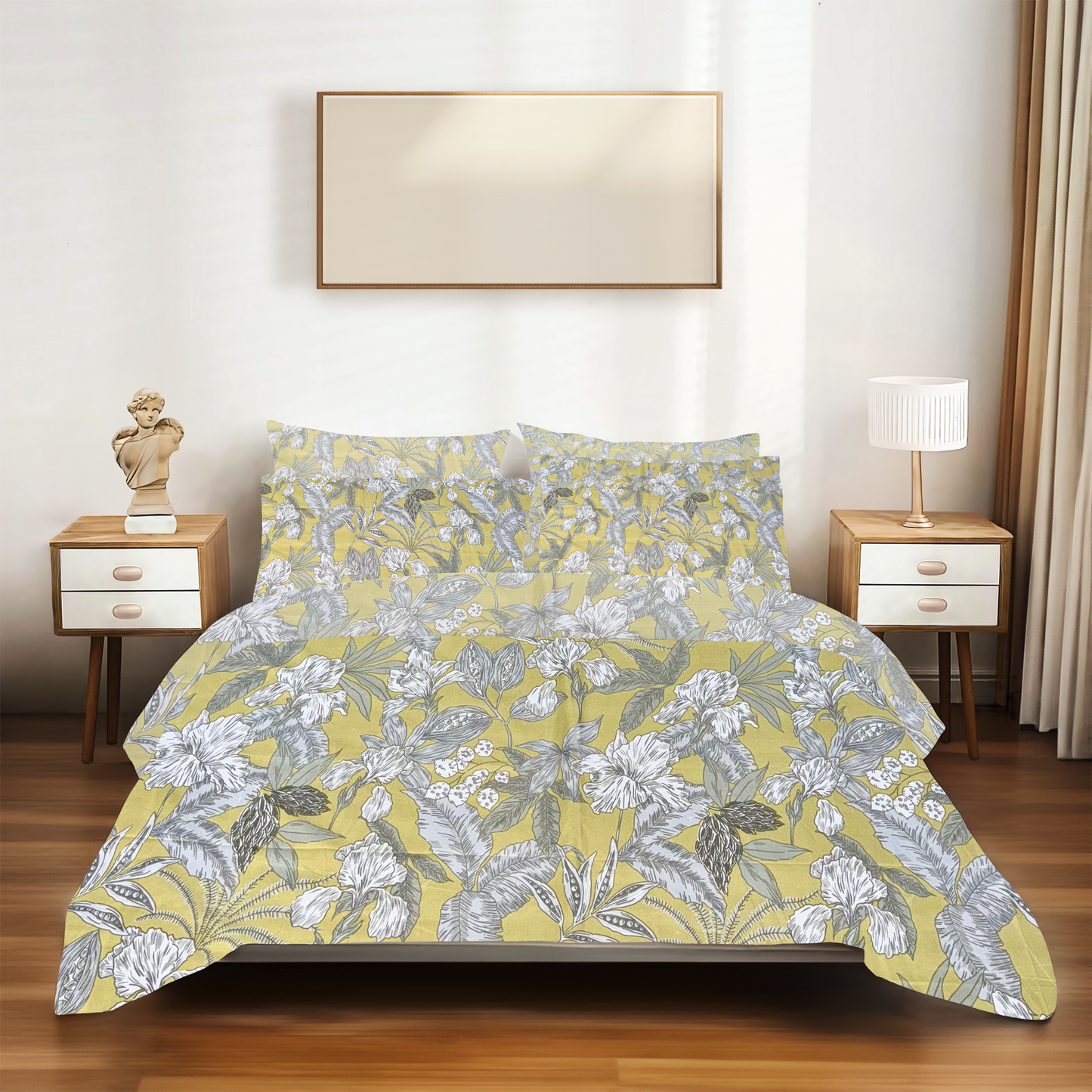 SineCRAFT Creations Super King Size 108X108 Inches Super Soft Glace Cotton Double Bed Bedsheet with 2 Pillow Covers - Olive Green Floral