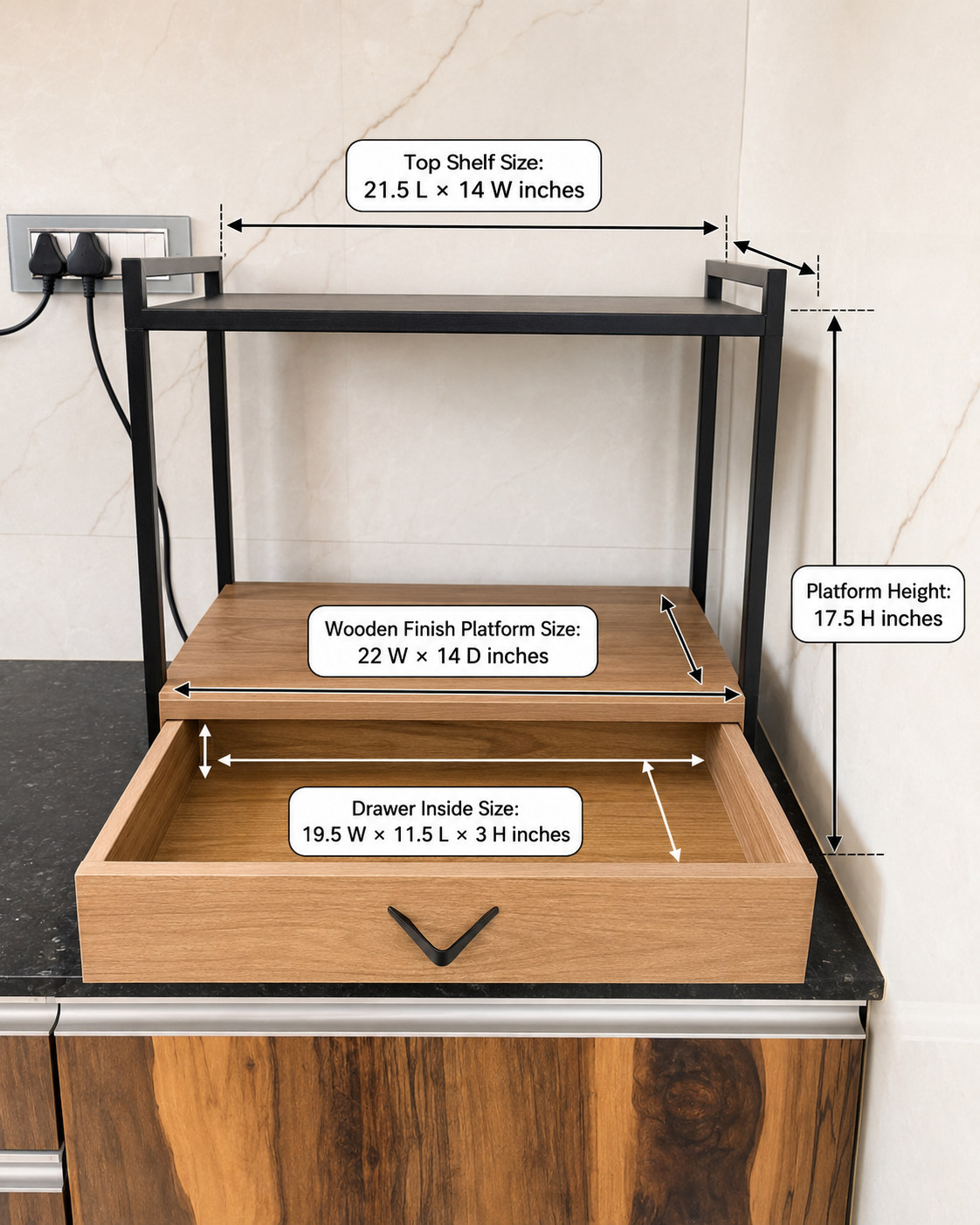 Microwave Oven Rack with Drawer & Top Shelf – Kitchen Storage Organiser for 20L–23L Microwaves