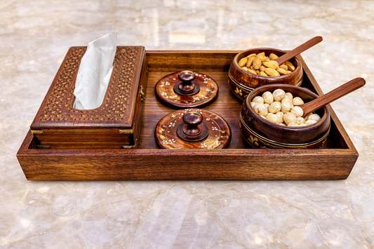 Wooden serving tray with tissue box brass jar and neem spoons