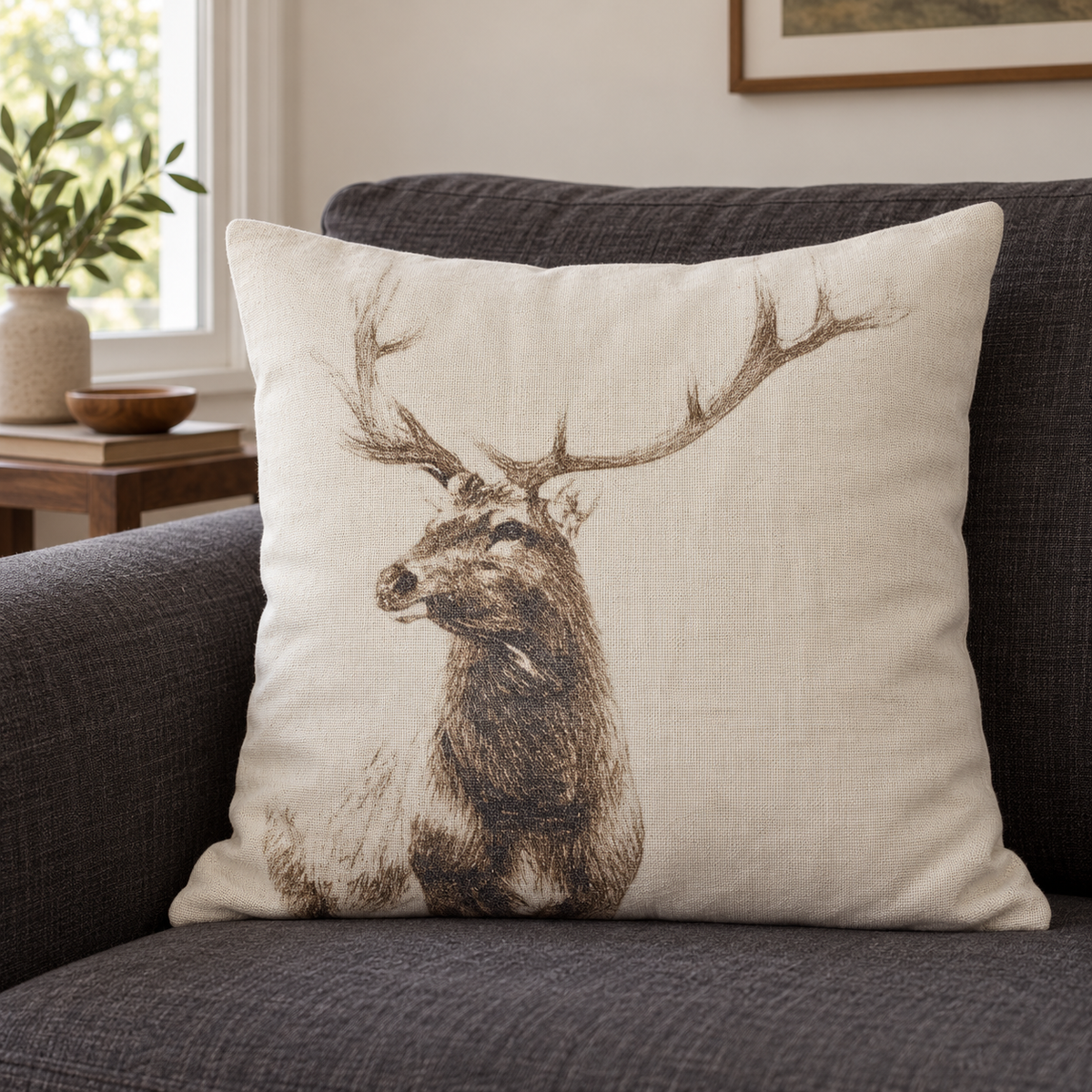 Textured ivory cushion cover featuring a brown stag illustration with large antlers, displayed on a filled cushion on a charcoal sofa.