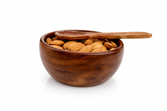 Close-up 4 inch bowl and neem spoon with tray