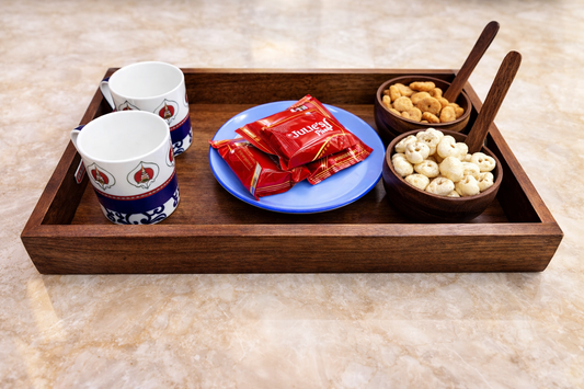 16x10 wooden serving tray with two 4 inch bowls and neem spoons