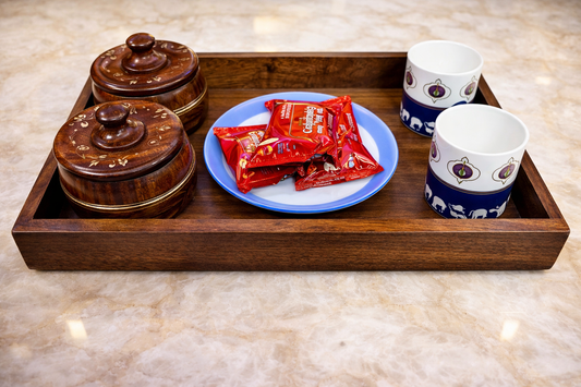 Wooden serving tray with 5 inch brass inlay jar set