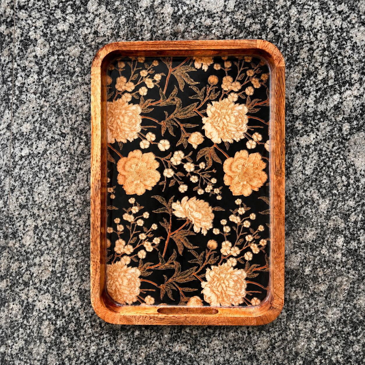 Large Midnight Blossom waterproof mango wood enamel serving tray with black and gold floral pattern