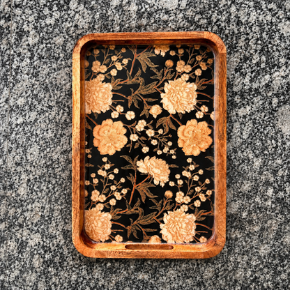 Large Midnight Blossom waterproof mango wood enamel serving tray with black and gold floral pattern