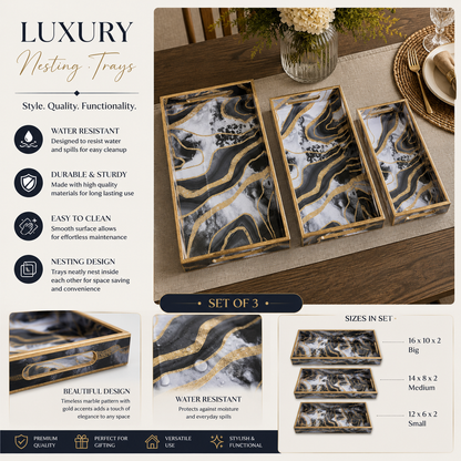 Enamel Coated Set of 3 Serving Trays with Black White Marble Wave Design – Waterproof Nested Trays
