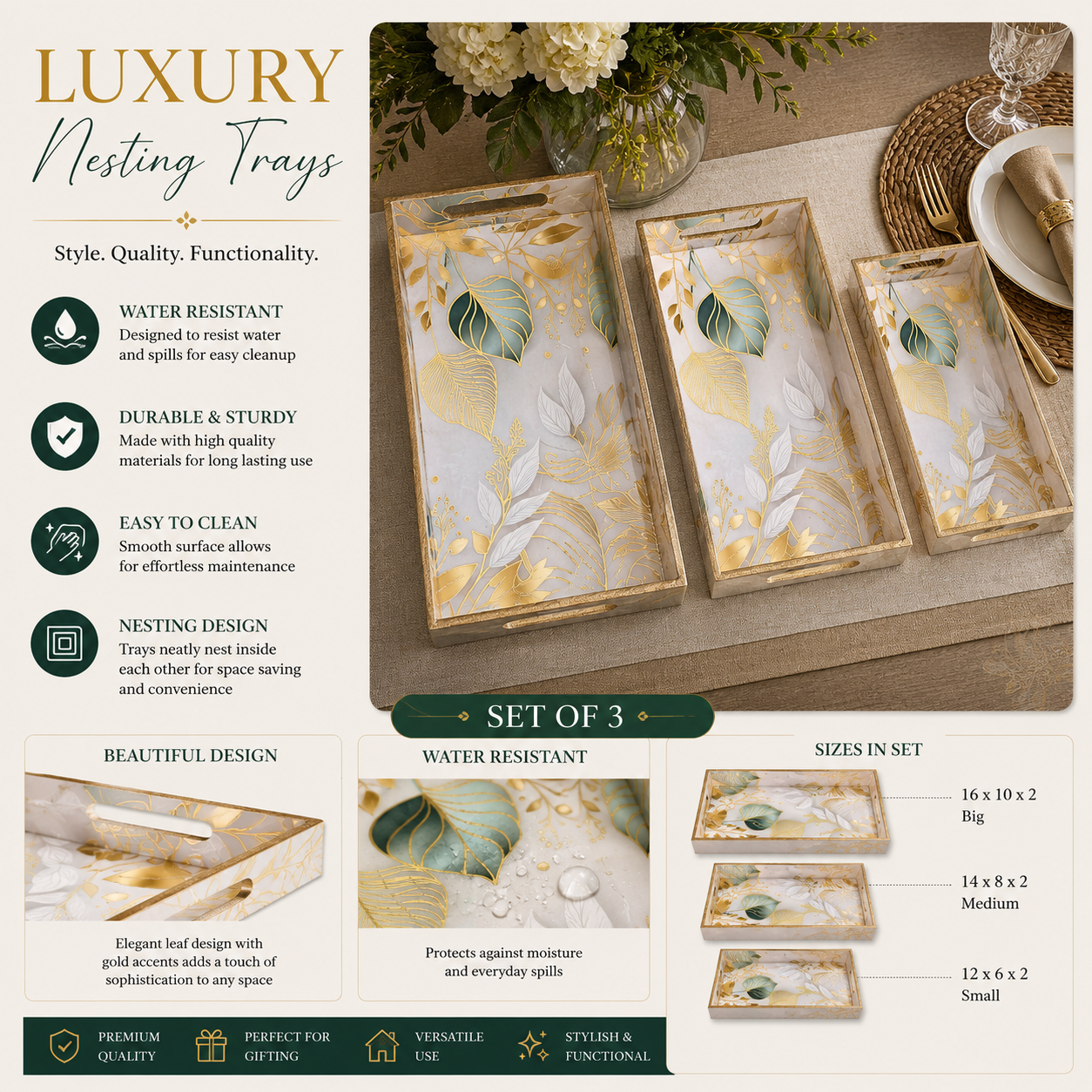 Enamel Coated Set of 3 Serving Trays with Leaf Design – Waterproof Nested Trays