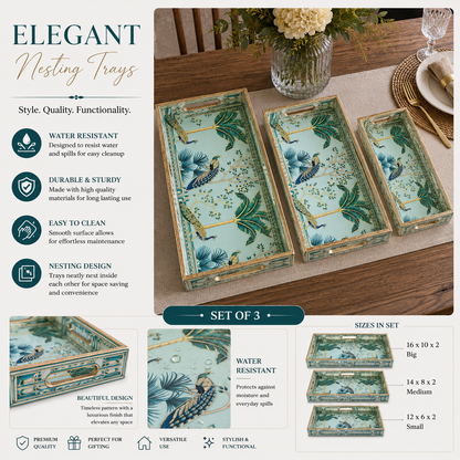 Enamel Coated Set of 3 Serving Trays with Peacock Tropical Design – Waterproof Nested Trays