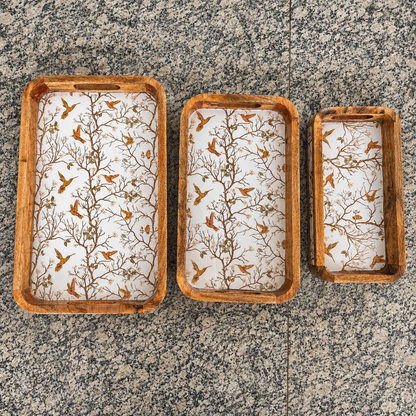 Bird and branch waterproof mango wood enamel tray set of 3 with natural wooden frame