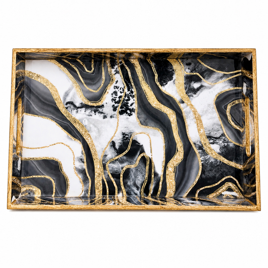 Enamel Coated Set of 3 Serving Trays with Black White Marble Wave Design – Waterproof Nested Trays