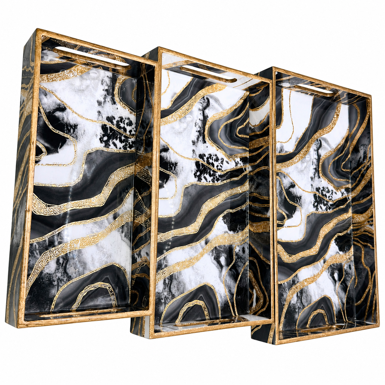 Enamel Coated Set of 3 Serving Trays with Black White Marble Wave Design – Waterproof Nested Trays