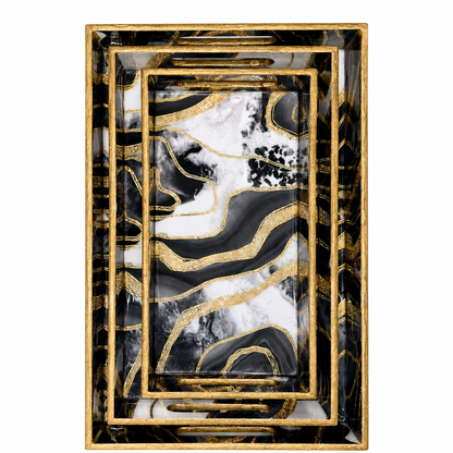 Enamel Coated Set of 3 Serving Trays with Black White Marble Wave Design – Waterproof Nested Trays