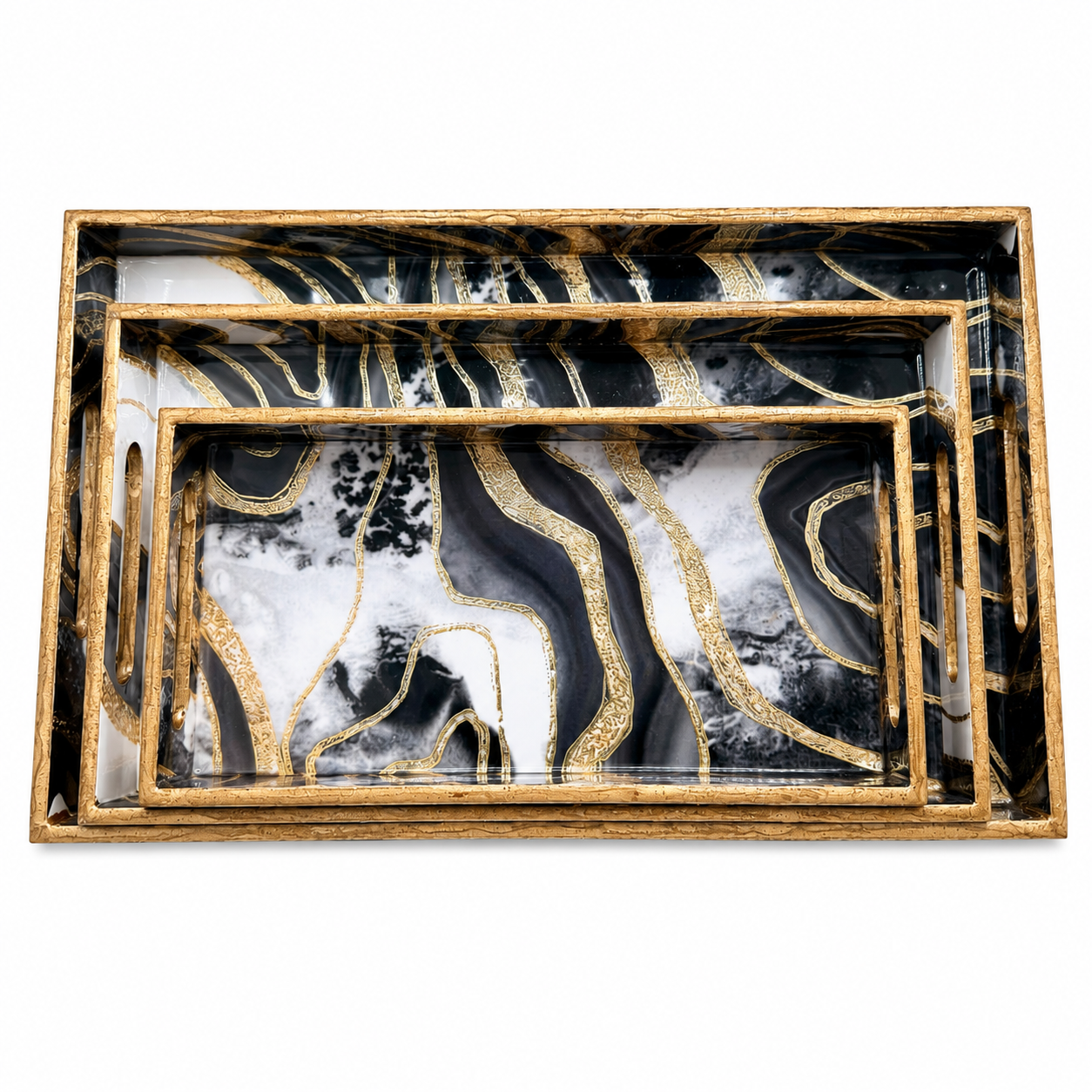 Enamel Coated Set of 3 Serving Trays with Black White Marble Wave Design – Waterproof Nested Trays