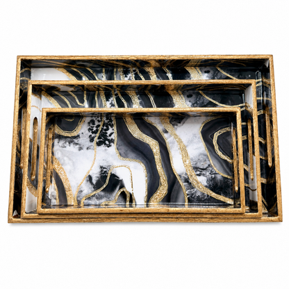 Enamel Coated Set of 3 Serving Trays with Black White Marble Wave Design – Waterproof Nested Trays