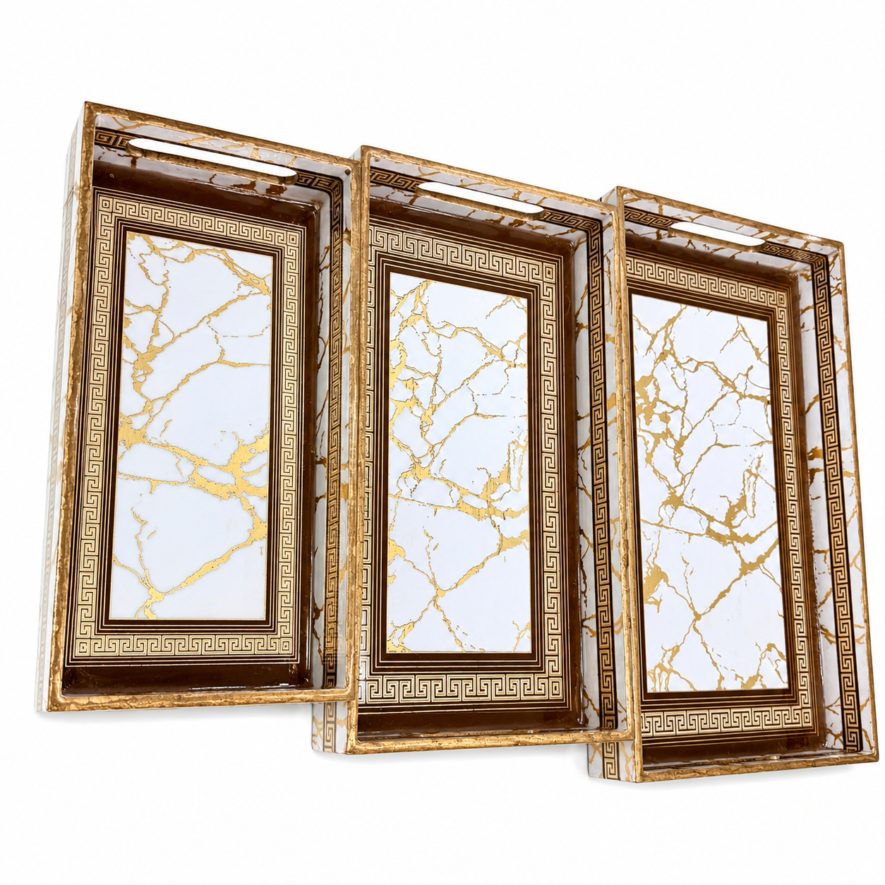 Three decorative trays with gold marble pattern on a white background