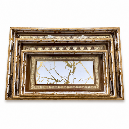 Set of 3 Enamel coated serving trays white brown marble print