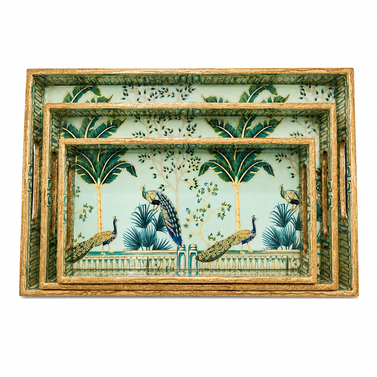 Enamel Coated Set of 3 Serving Trays with Peacock Tropical Design – Waterproof Nested Trays