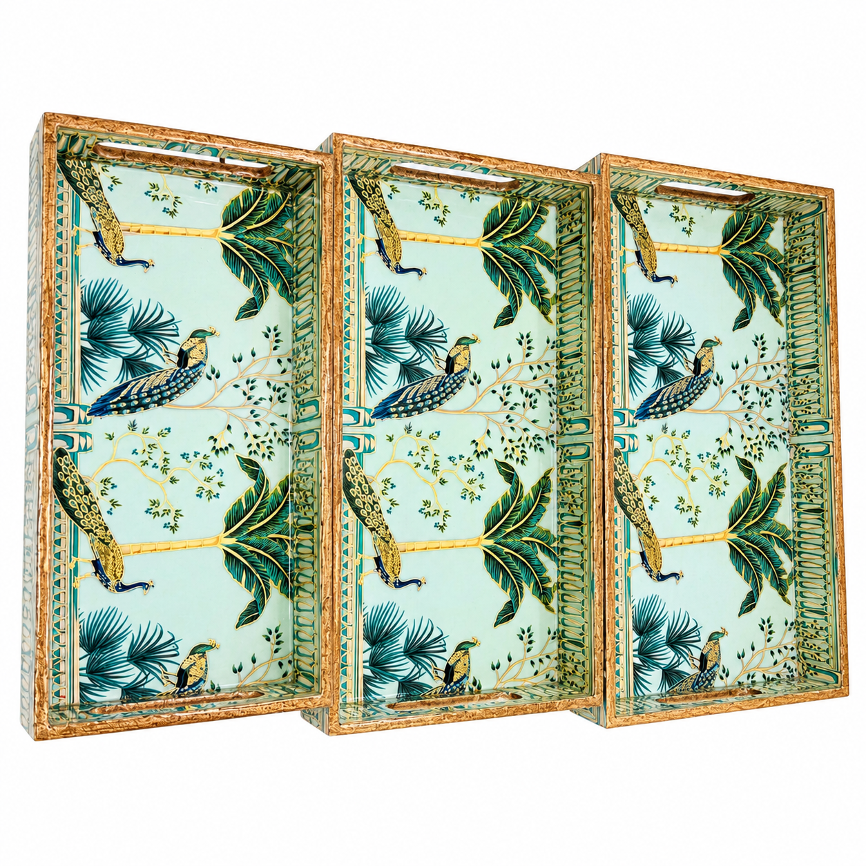 Enamel Coated Set of 3 Serving Trays with Peacock Tropical Design – Waterproof Nested Trays
