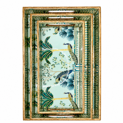 Enamel Coated Set of 3 Serving Trays with Peacock Tropical Design – Waterproof Nested Trays