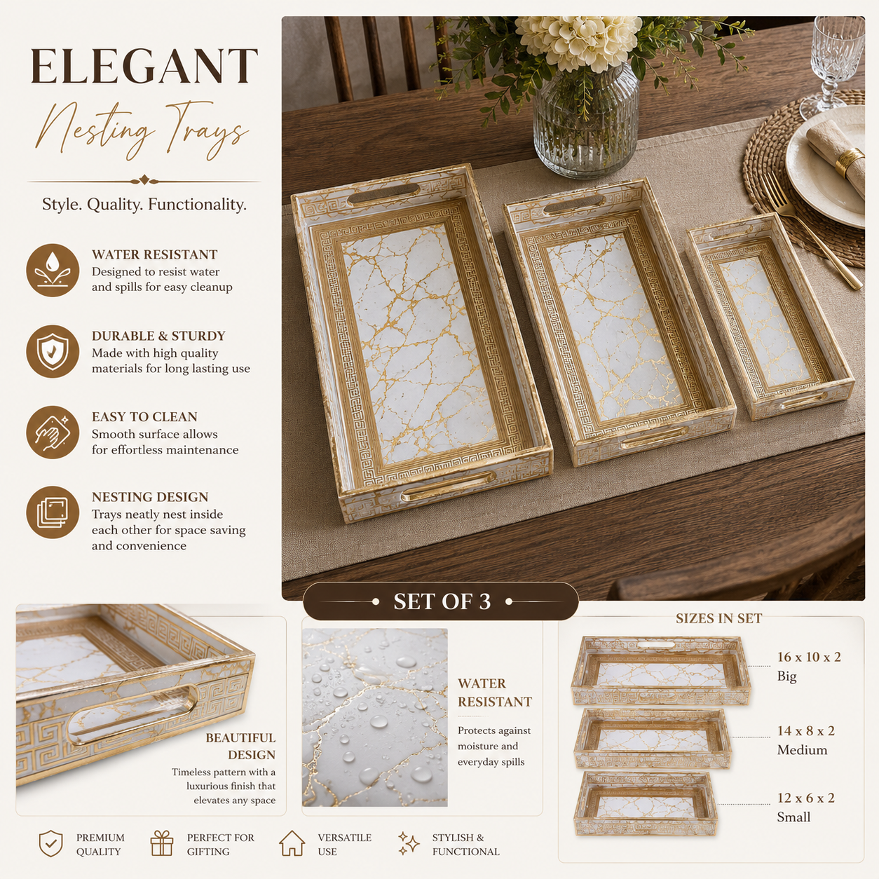 Enamel Coated Set of 3 Serving Trays with Gold Marble Pattern – Waterproof Nested Trays