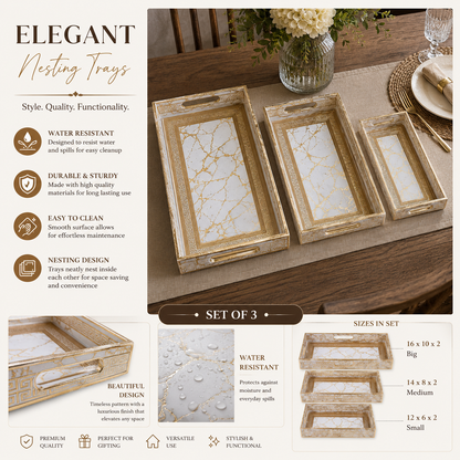 Enamel Coated Set of 3 Serving Trays with Gold Marble Pattern – Waterproof Nested Trays