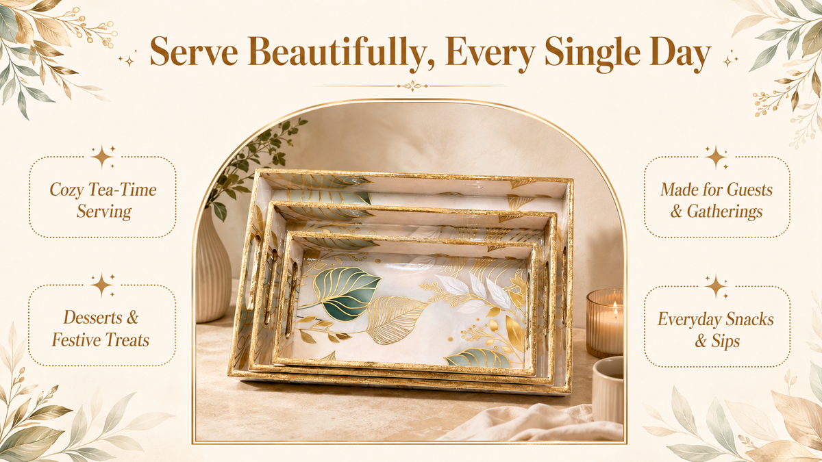Set of three gold-edged nesting serving trays with green and gold leaf design, displayed for tea, snacks, festive treats and guest hosting.