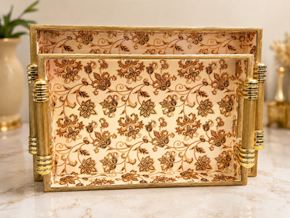 Heritage Floral Vine enamel-coated serving tray set of 2 with elegant wooden handles in large and medium sizes