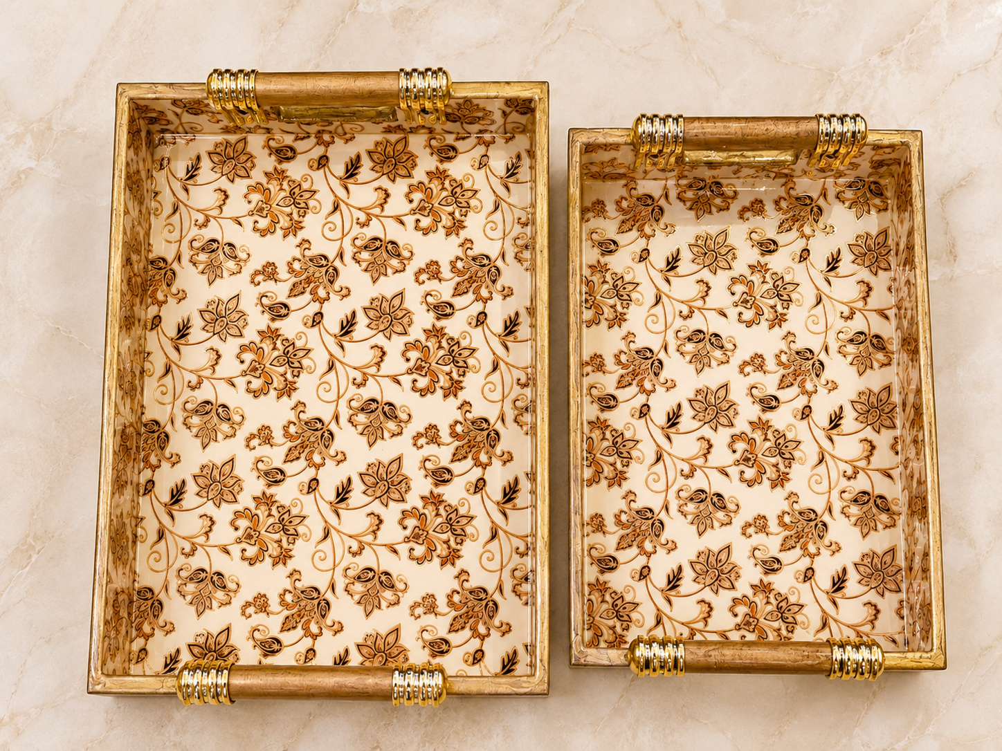 Large and medium Heritage Floral Vine enamel-coated serving trays displayed side by side with elegant wooden handles