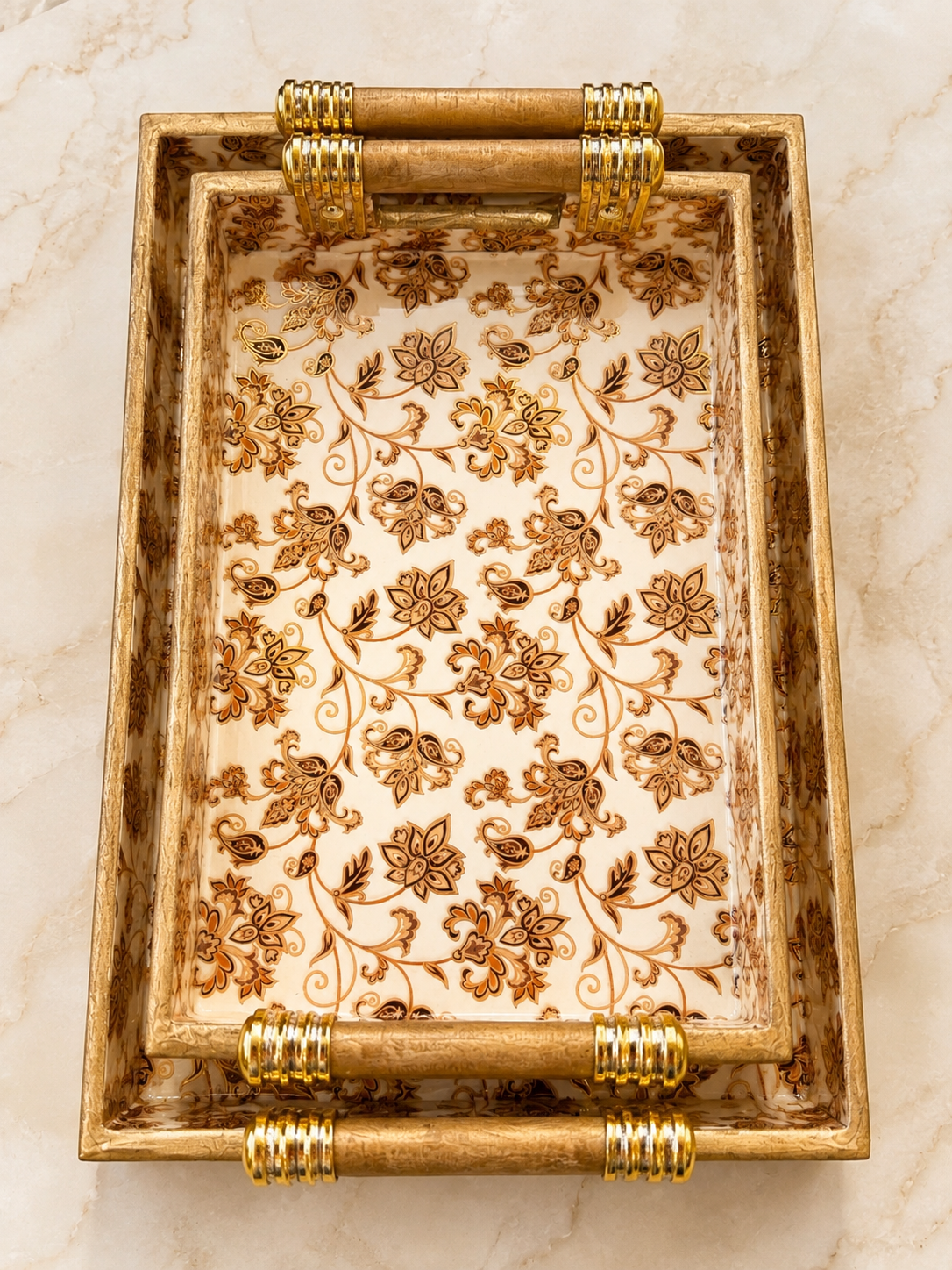 Top view of Heritage Floral Vine enamel-coated serving tray set of 2 with elegant wooden handles and glossy spill-resistant finish
