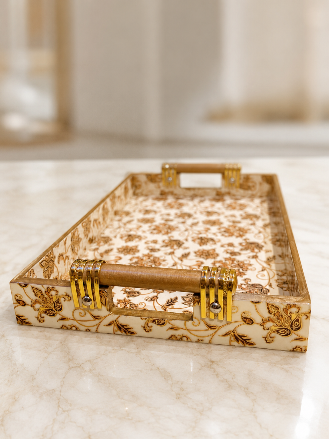 Angled close-up of Heritage Floral Vine enamel-coated serving tray with elegant wooden handle and glossy spill-resistant finish