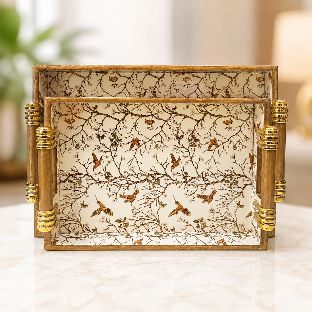 Ivory Songbird Branch large enamel-coated serving tray set of 2 with elegant wooden handles and bird-and-branch design