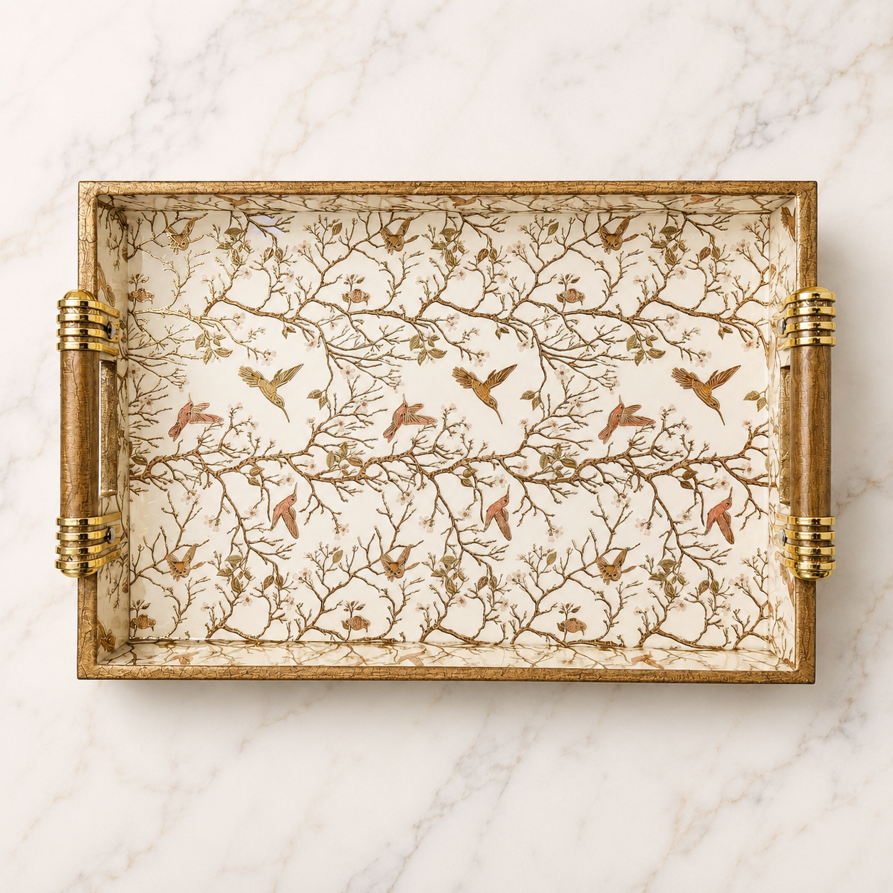 Top view of Ivory Songbird Branch large enamel-coated serving tray with elegant wooden handles and glossy bird-and-branch design