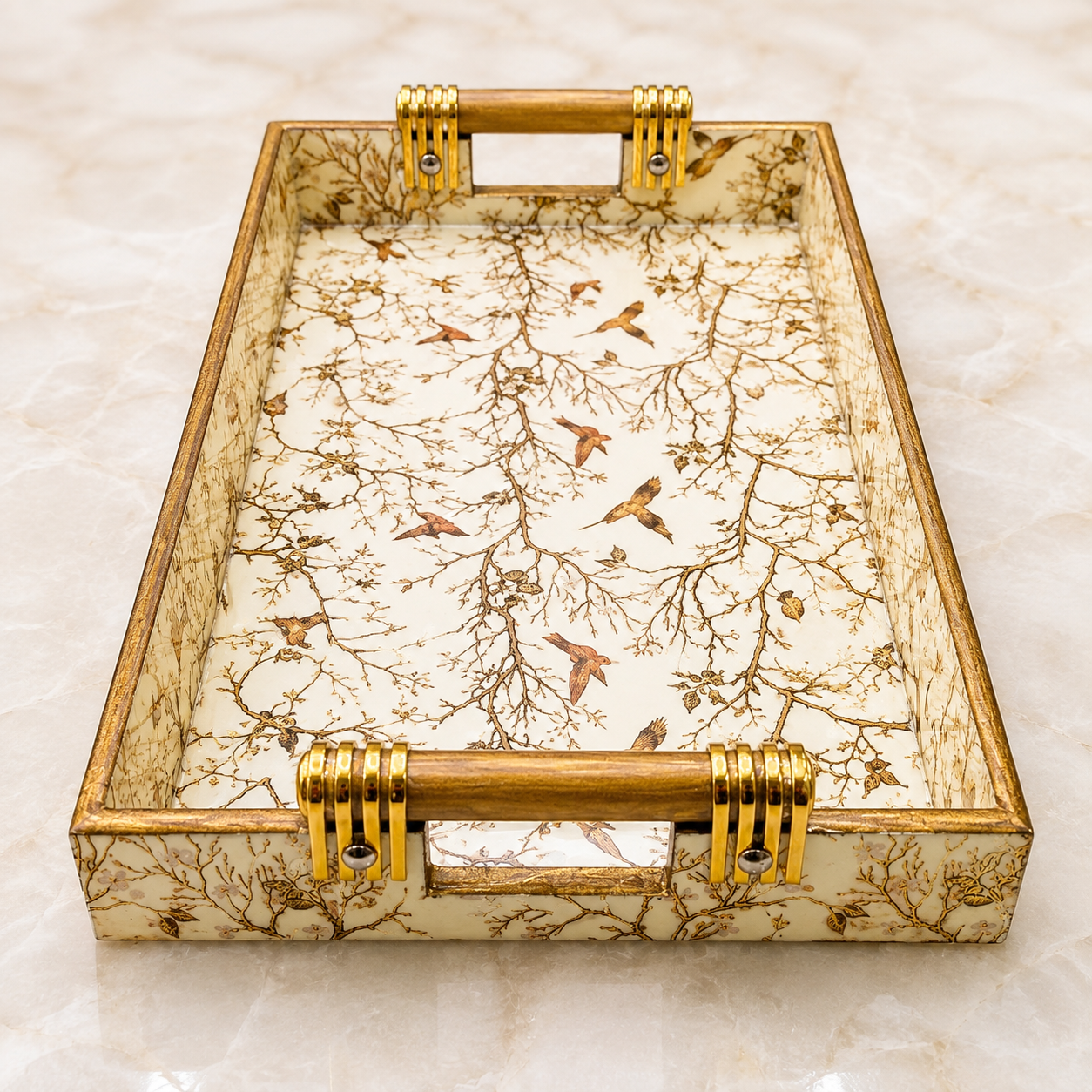 Angled close-up of Ivory Songbird Branch enamel-coated serving tray with elegant wooden handles and glossy bird-and-branch design