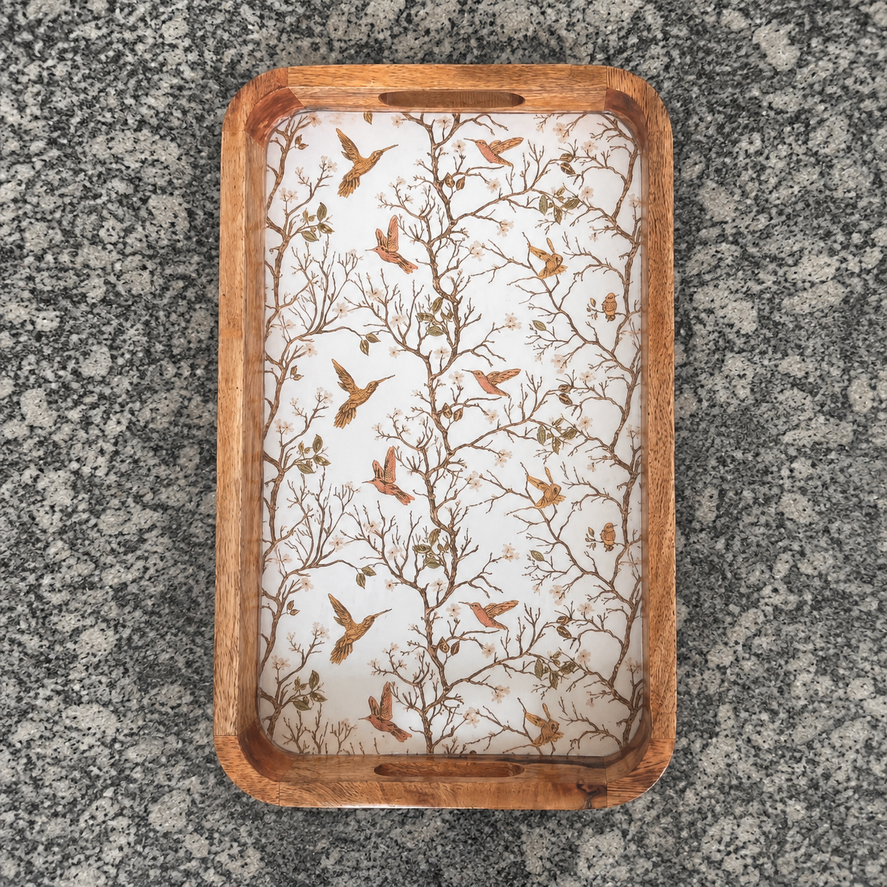 Large bird and branch waterproof mango wood enamel serving tray with wooden frame