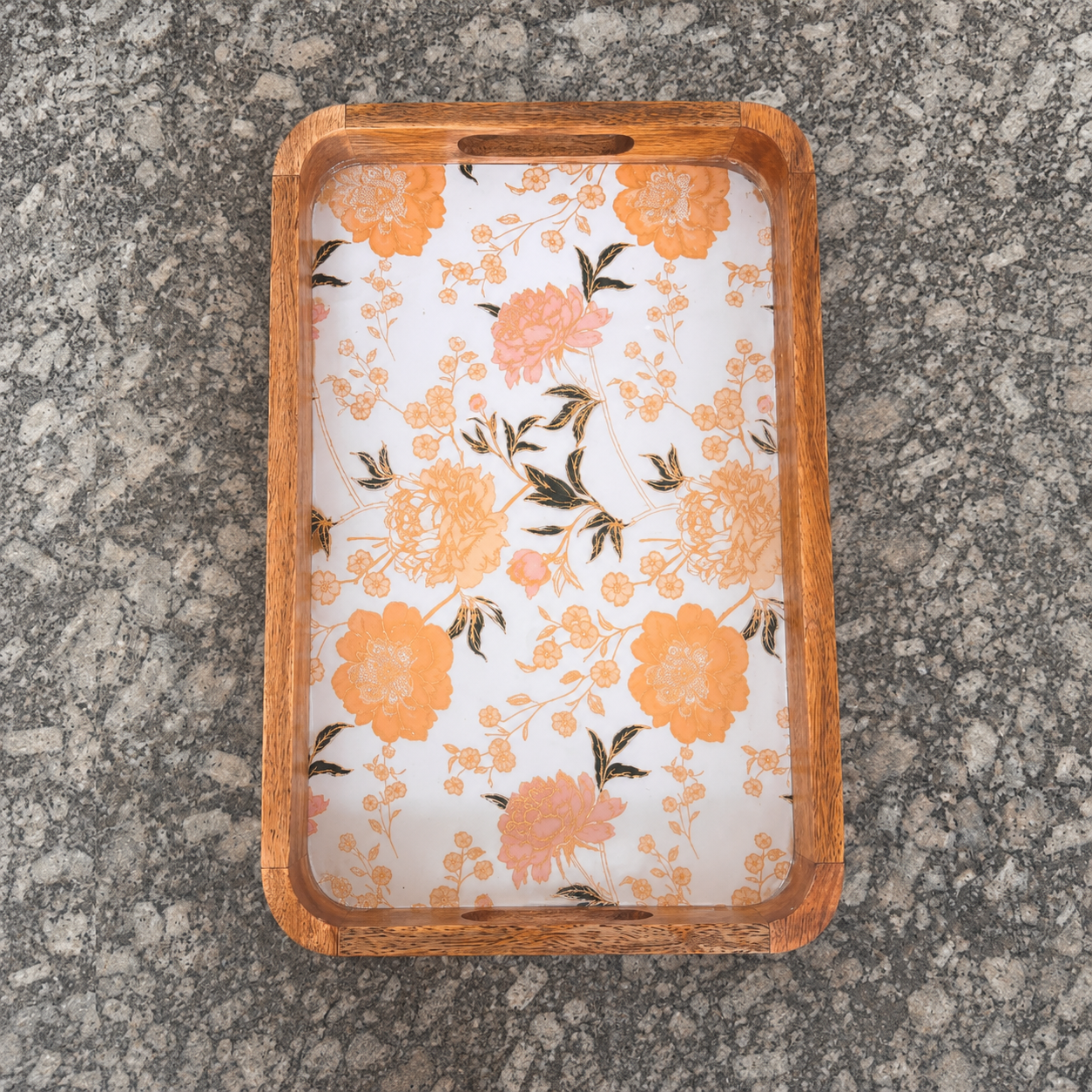 Large floral waterproof mango wood enamel serving tray with orange flower pattern and wooden frame