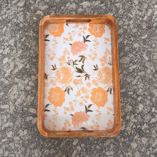 Large floral waterproof mango wood enamel serving tray with orange flower pattern and wooden frame