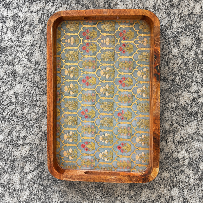 Large Regal Floral Motif waterproof mango wood enamel serving tray with blue-grey floral pattern