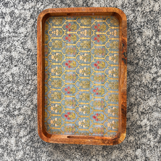 Large Regal Floral Motif waterproof mango wood enamel serving tray with blue-grey floral pattern