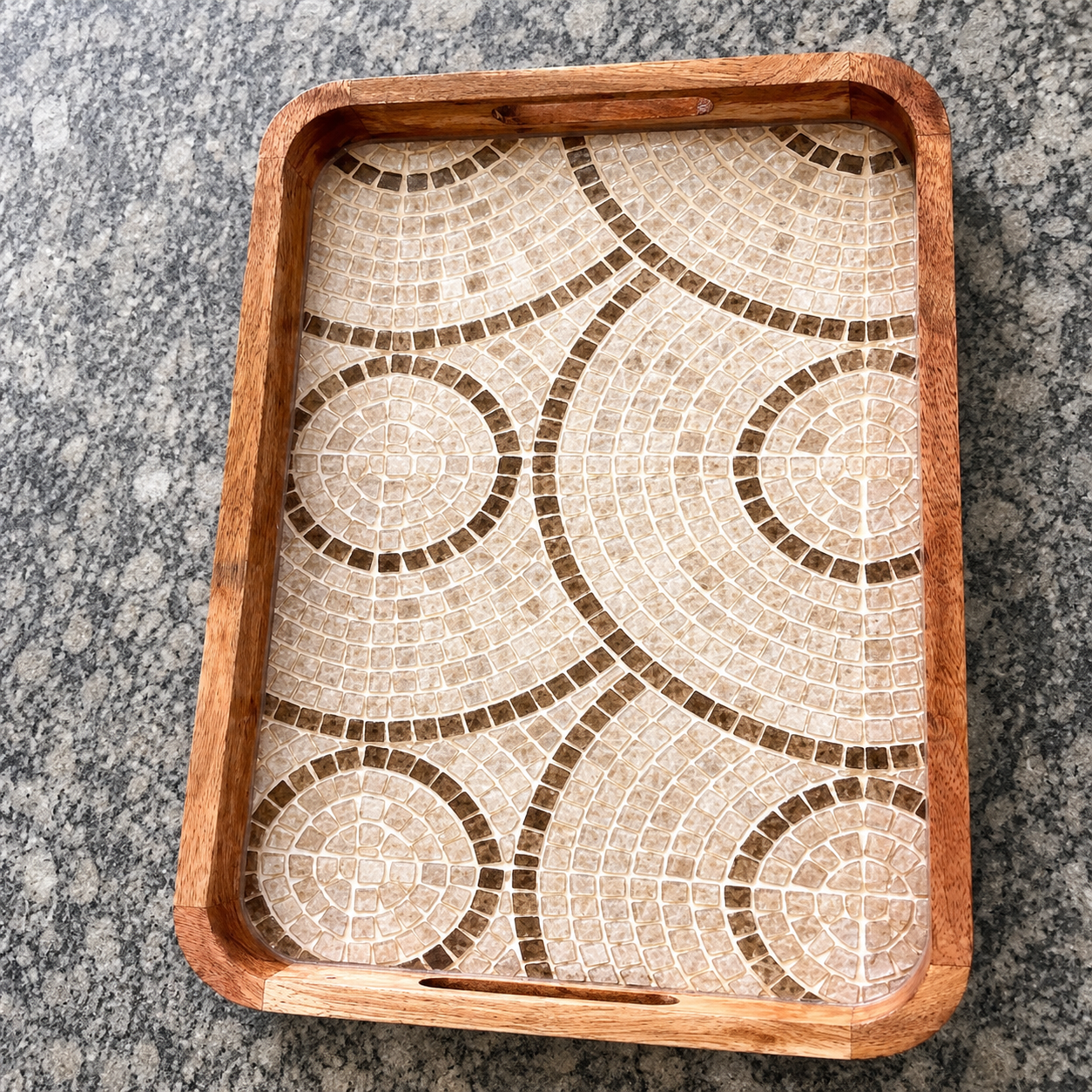 Large Stone Mosaic waterproof mango wood enamel serving tray with glossy mosaic base