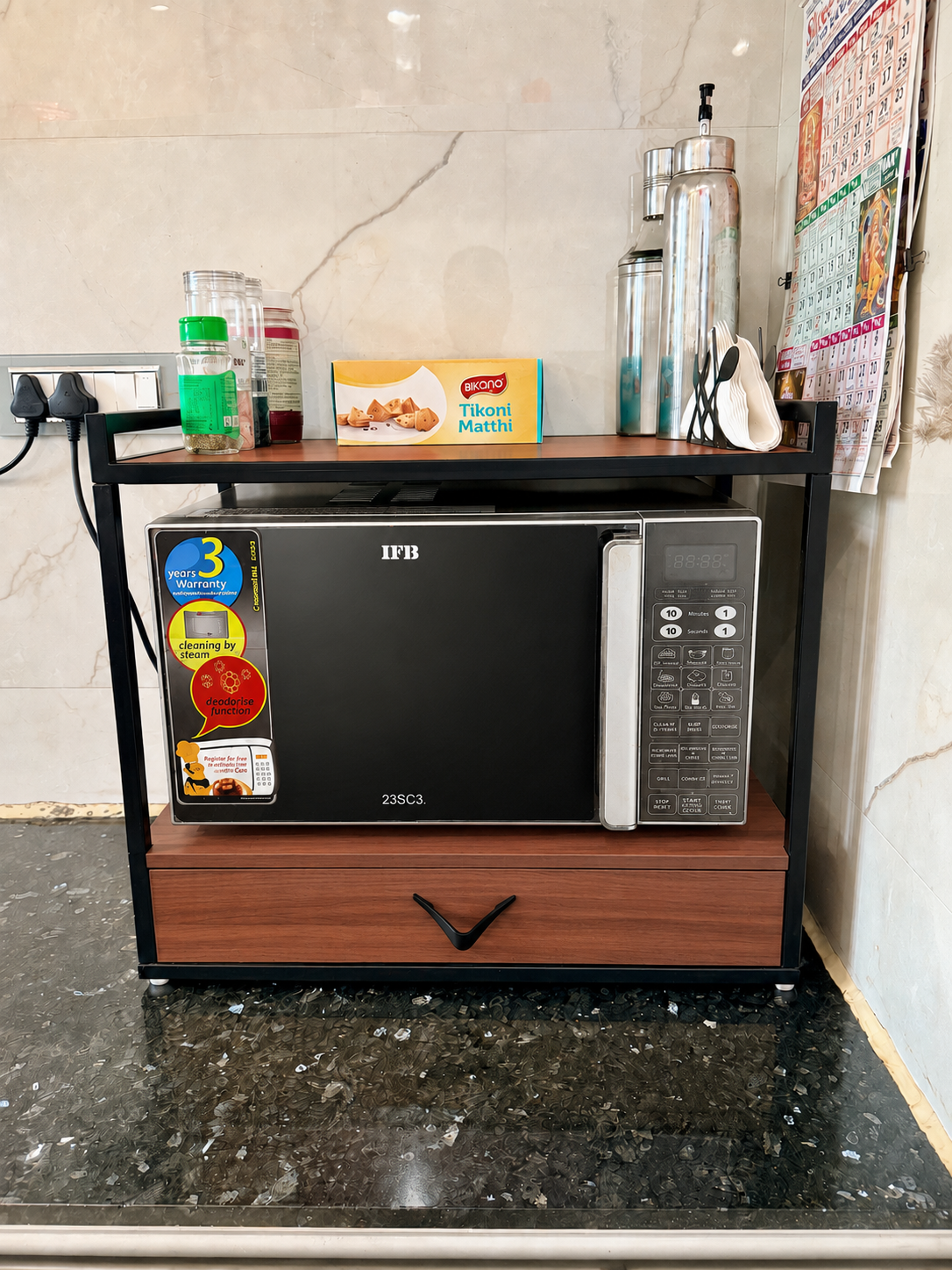 Multipurpose Microwave Oven Rack with Drawer & Top Shelf – Kitchen Storage Organiser for 20L–23L Microwaves