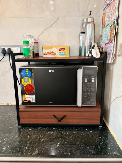 Multipurpose Microwave Oven Rack with Drawer & Top Shelf – Kitchen Storage Organiser for 20L–23L Microwaves