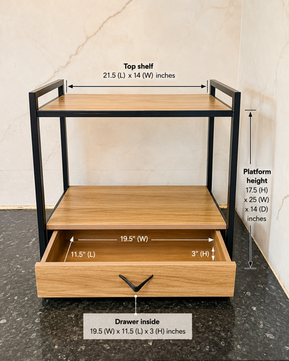 Black metal and wood microwave stand with empty shelves, open drawer and dimension labels showing top shelf, platform height and drawer storage size.