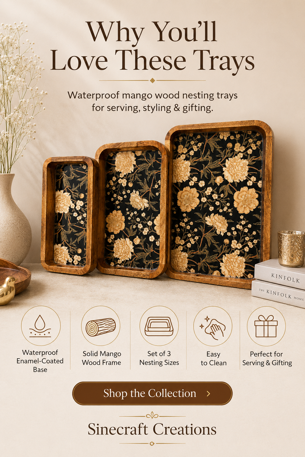Midnight Blossom waterproof mango wood enamel tray set of 3 with black floral design and mango wood frame