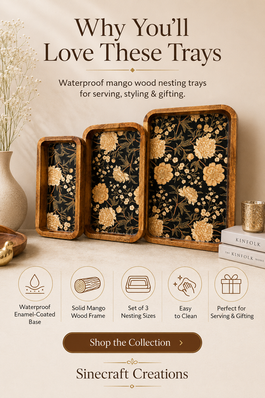 Midnight Blossom waterproof mango wood enamel tray set of 3 with black floral design and mango wood frame