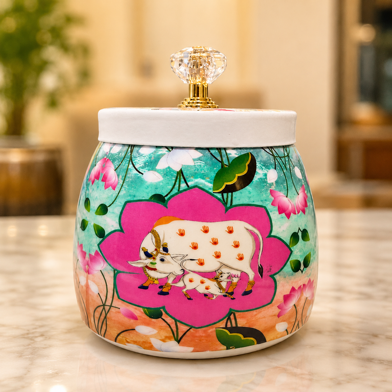 Mini Pichwai decorative metal jar with cow and lotus design, white lid and crystal-style knob