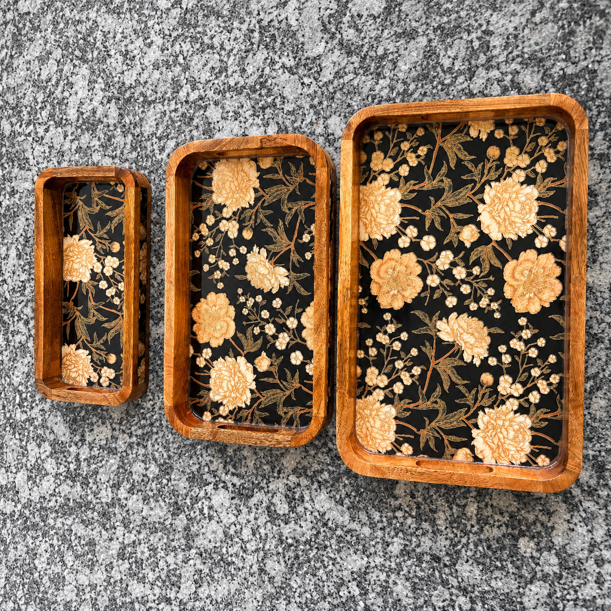 Midnight Blossom waterproof mango wood enamel tray set of 3 with black floral design and natural wooden frame