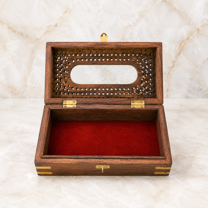 Open carved wooden tissue holder with brass fittings and red fabric lining, 9 x 6 inches