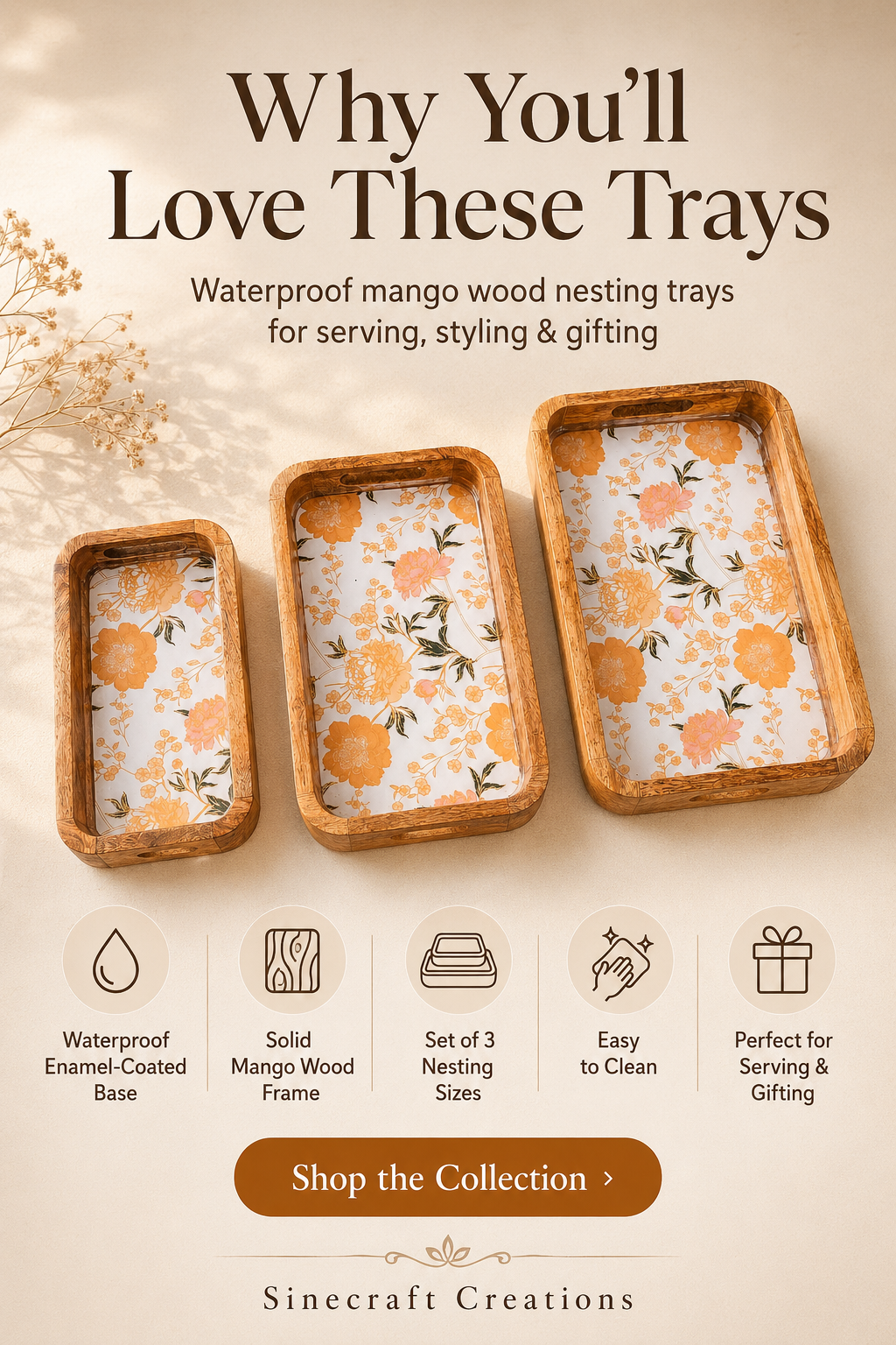Peach Blossom waterproof mango wood enamel tray set of 3 with floral design and easy-clean enamel base